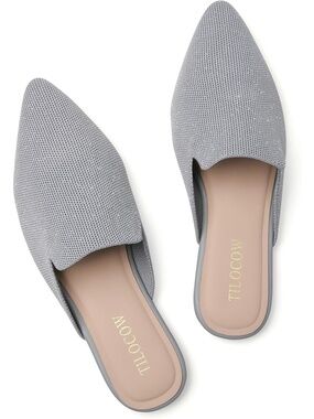 🆕 Women Grey Pointed Toe Flat Mules Knit Mesh Slip On Loafers Backless Shoes